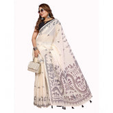 Off-white linen cotton printed saree with unstitched blouse, vibrant floral pattern for Indian women's traditional wear