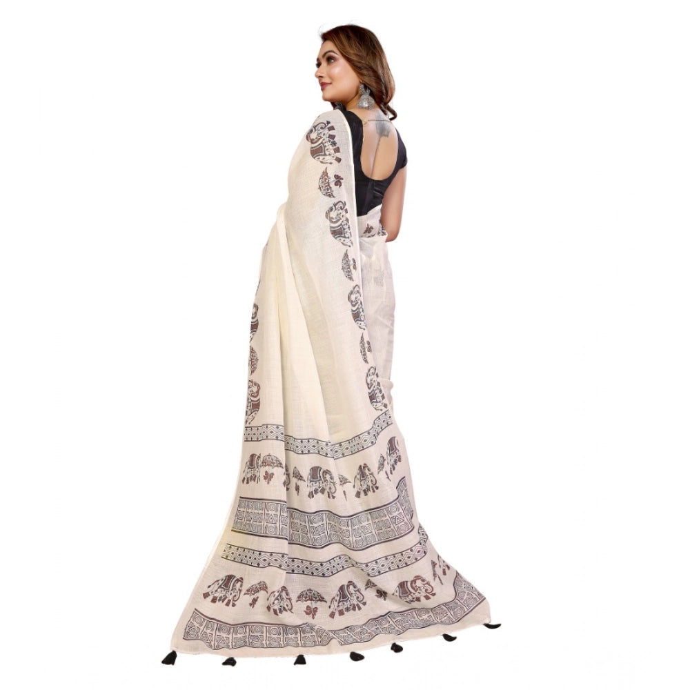 Off-white linen cotton printed saree with unstitched blouse, vibrant patterns for traditional Indian wear