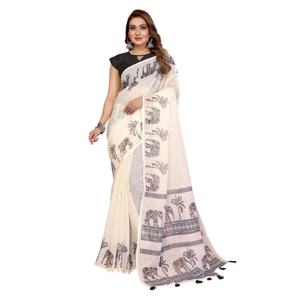 Off-white linen cotton printed saree with unstitched blouse, vibrant floral pattern on a natural background