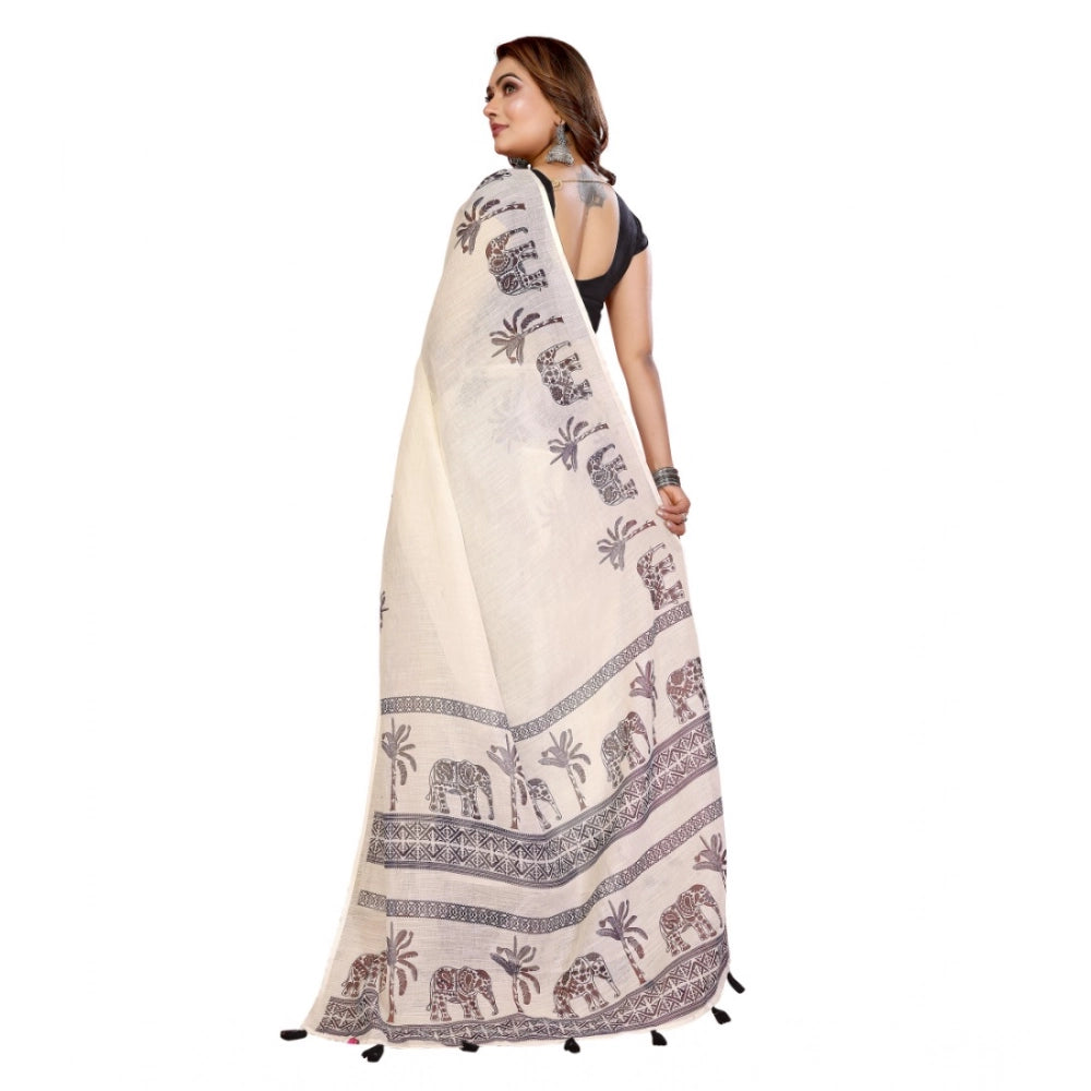 Off-white linen cotton printed saree with unstitched blouse, 5.5mtr, elegant Indian women's wear