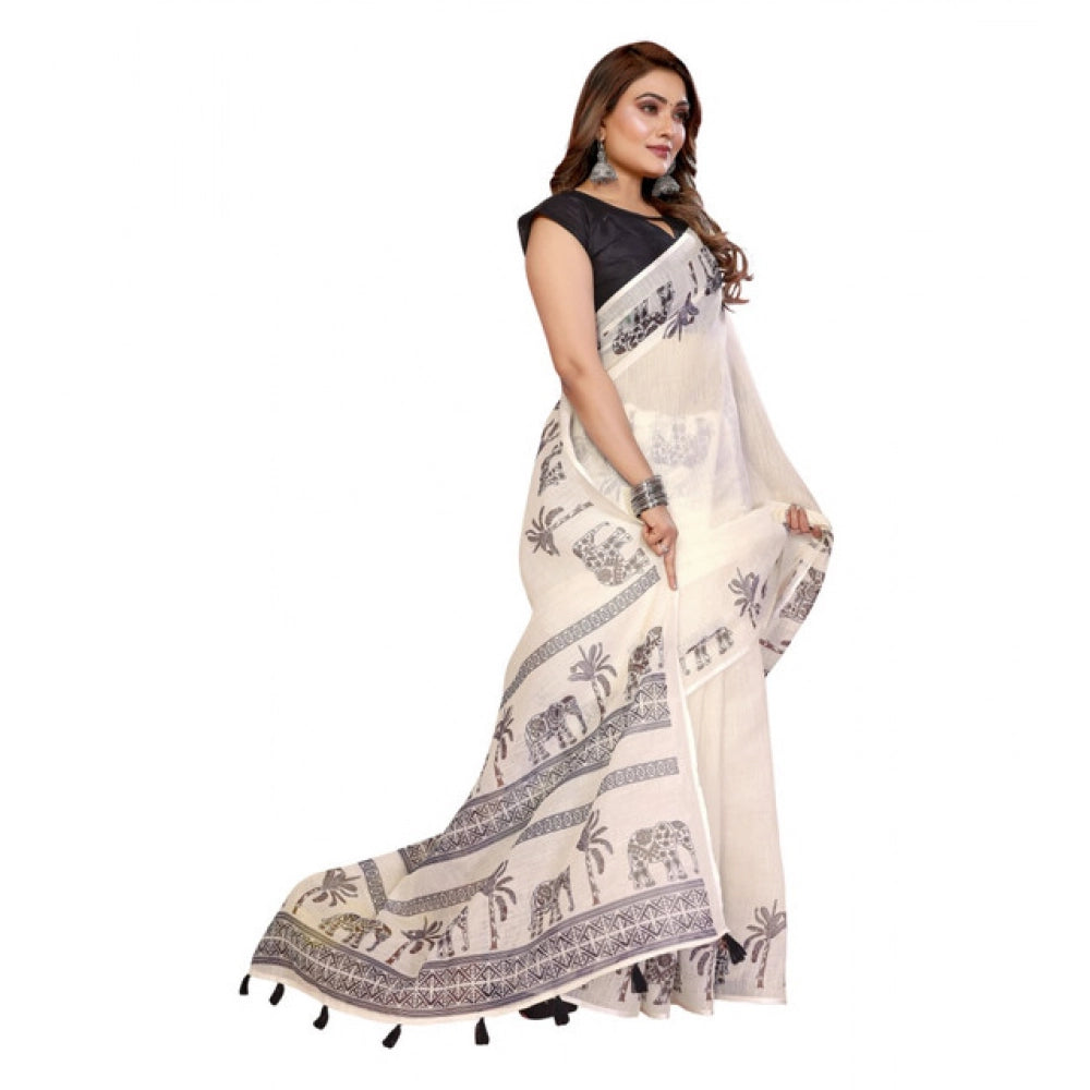 Off-white linen cotton printed saree with unstitched blouse, vibrant pattern on display