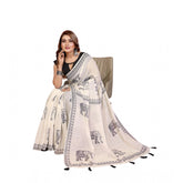 Off-white linen cotton printed saree with unstitched blouse, vibrant patterns for Indian women's traditional wear
