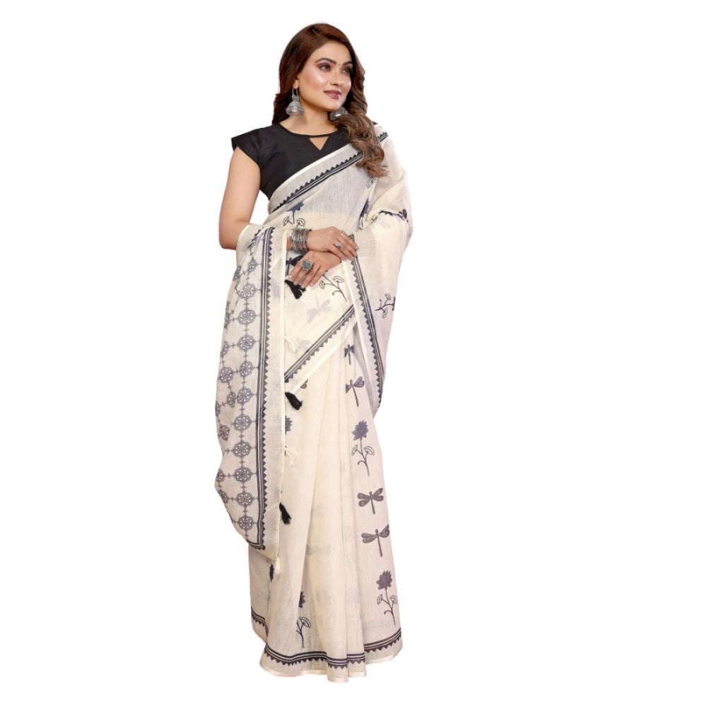 Off-white linen cotton printed saree with unstitched blouse, vibrant floral patterns for traditional Indian wear