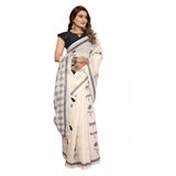 Off-white linen cotton printed saree with unstitched blouse, vibrant floral patterns for traditional Indian wear