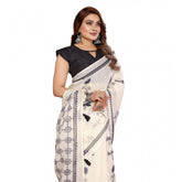 Off-white linen cotton printed saree with unstitched blouse, vibrant floral pattern on traditional Indian wear