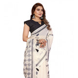 Off-white linen cotton printed saree with unstitched blouse, vibrant floral pattern on traditional Indian wear