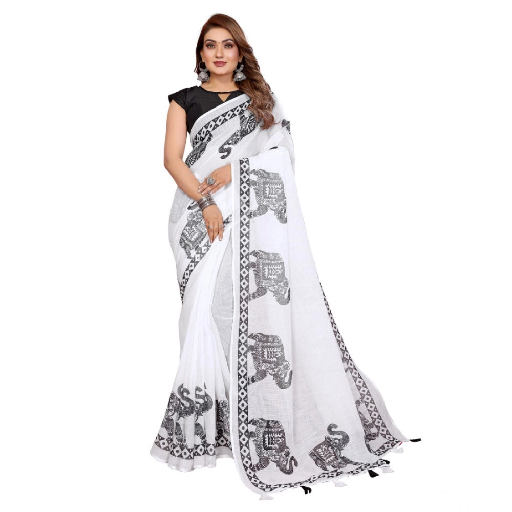 White linen-cotton printed saree with unstitched blouse, vibrant floral design on a 5.5mtr length