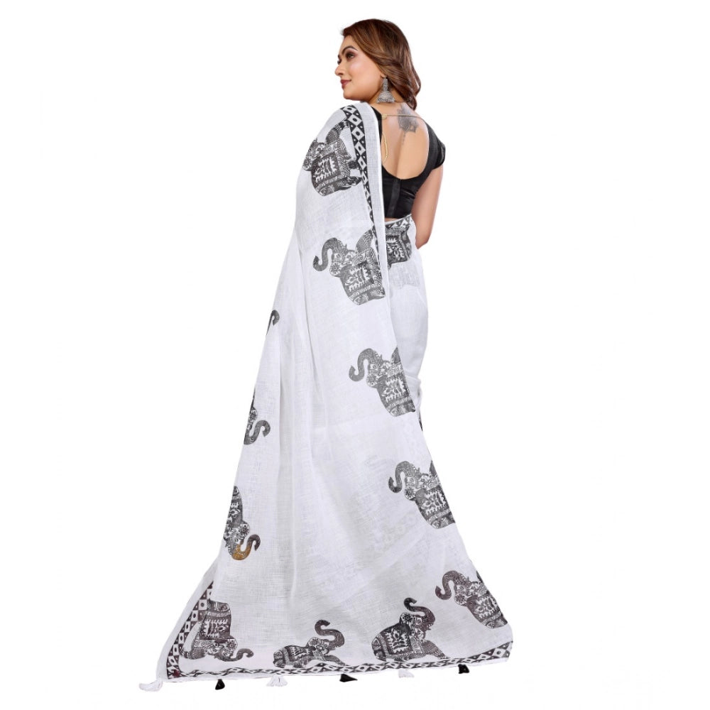 White linen cotton printed saree with unstitched blouse, traditional Indian fashion accessory on mannequin