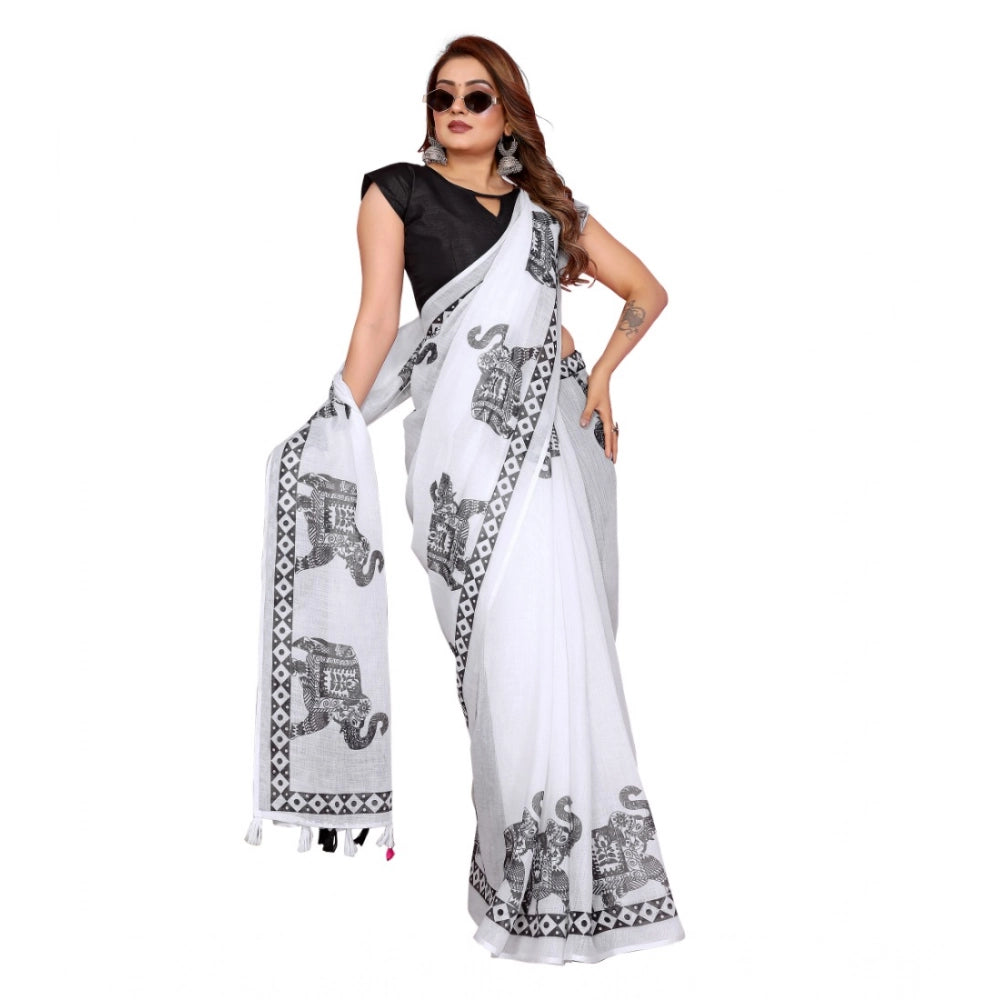 White linen-cotton printed saree with unstitched blouse, vibrant floral design on display