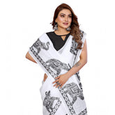 White linen-cotton printed saree with unstitched blouse, vibrant floral pattern on display