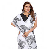 White linen-cotton printed saree with unstitched blouse, vibrant floral pattern on display
