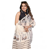 Off-white linen cotton printed saree with unstitched blouse, vibrant floral pattern for women's fashion