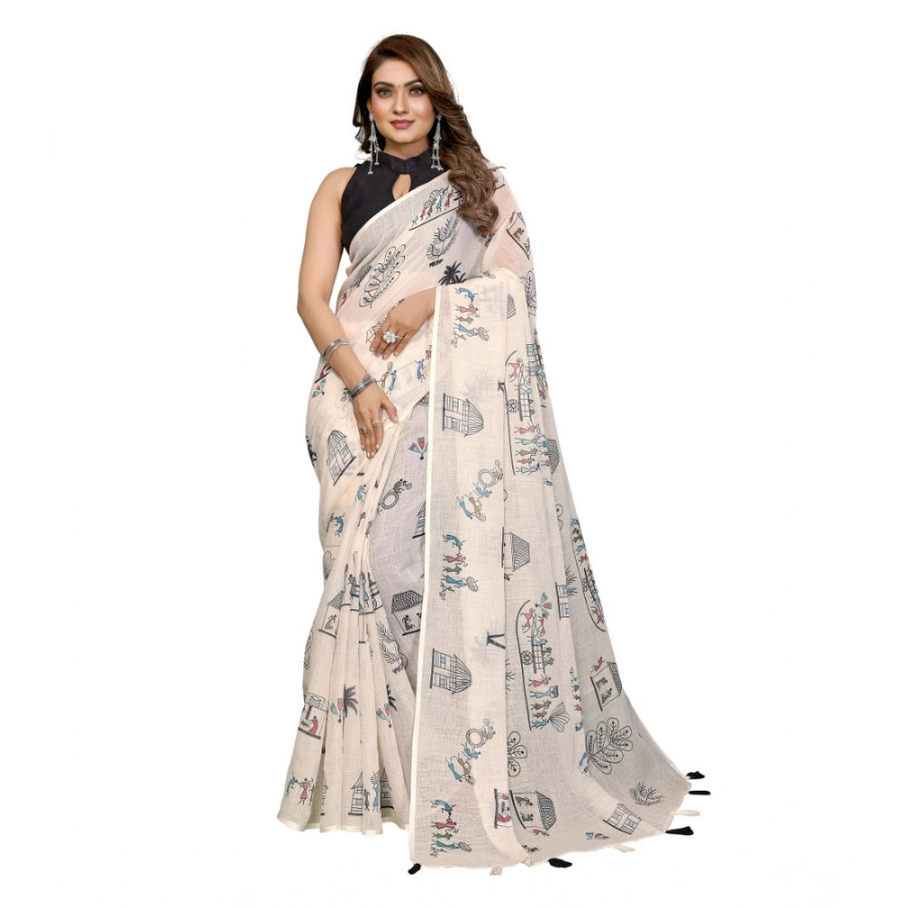 Off-white linen cotton printed saree with unstitched blouse, vibrant Indian print on display