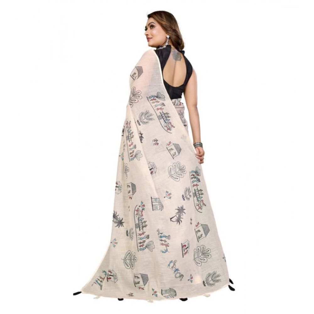 Off white linen cotton printed saree with unstitched blouse (5.5mtr), perfect for traditional Indian wear