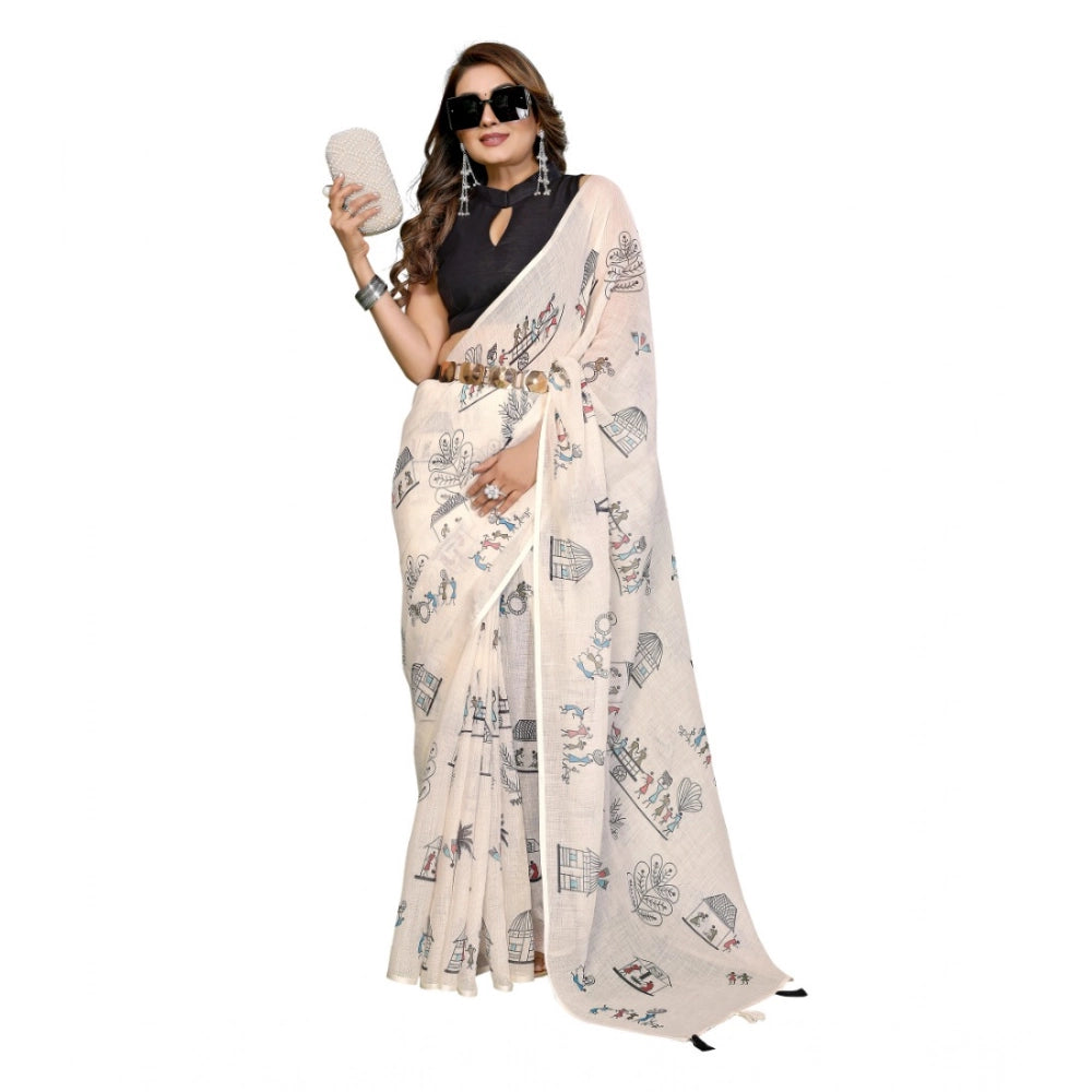 Off-white linen cotton printed saree with unstitched blouse, vibrant floral pattern for Indian women's fashion