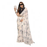 Off-white linen cotton printed saree with unstitched blouse, vibrant floral pattern for Indian women's fashion