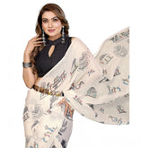 Off-white linen cotton printed saree with unstitched blouse, vibrant floral pattern on 5.5mtr fabric