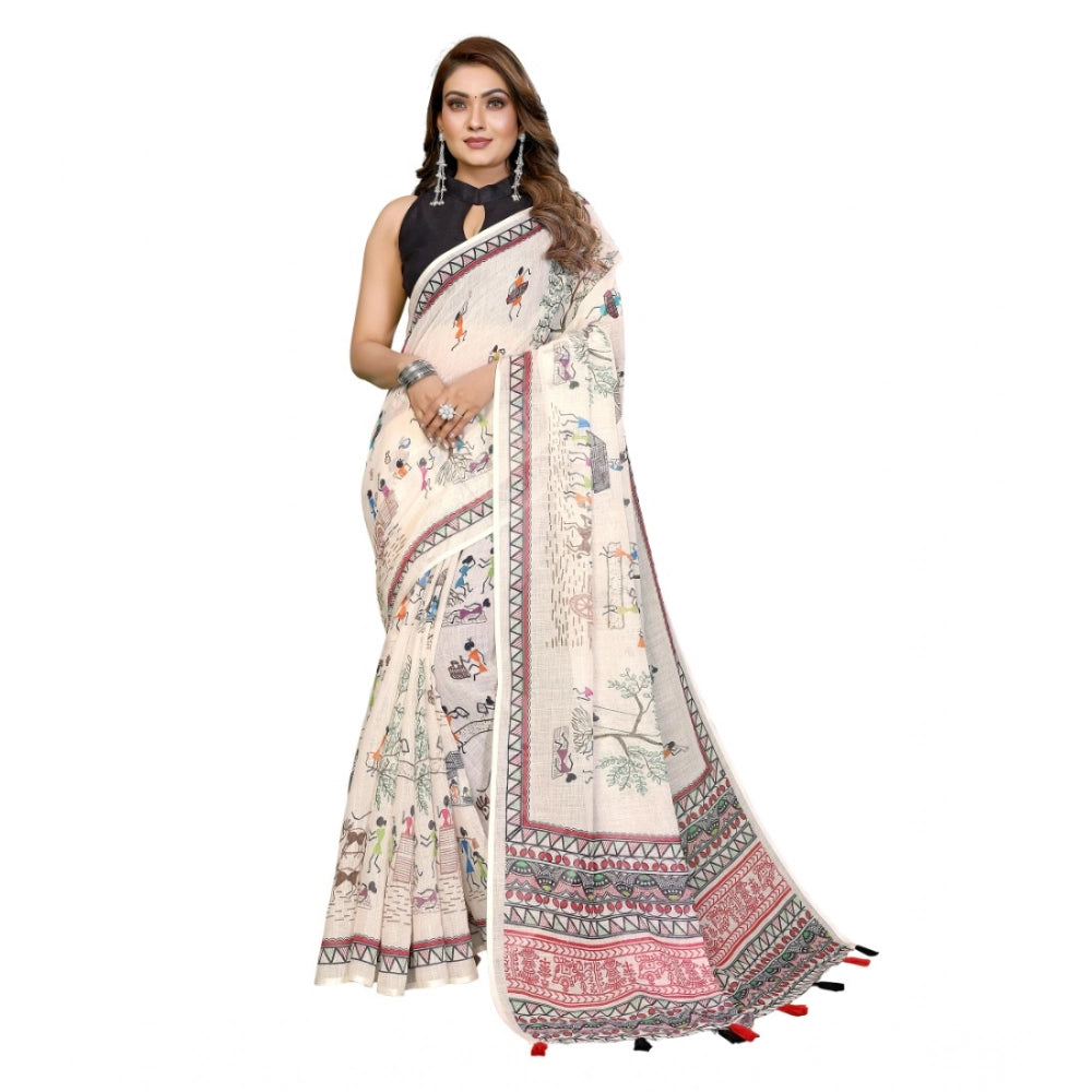 Off-white linen cotton printed saree with unstitched blouse, vibrant floral pattern on 5.5mtr length
