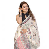 Off-white linen cotton printed saree with unstitched blouse, vibrant floral patterns for traditional Indian wear