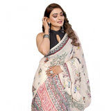 Off-white linen cotton printed saree with unstitched blouse, vibrant floral patterns for traditional Indian wear