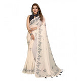 Off-white linen cotton printed saree with unstitched blouse, vibrant floral pattern on 5.5Mtr length