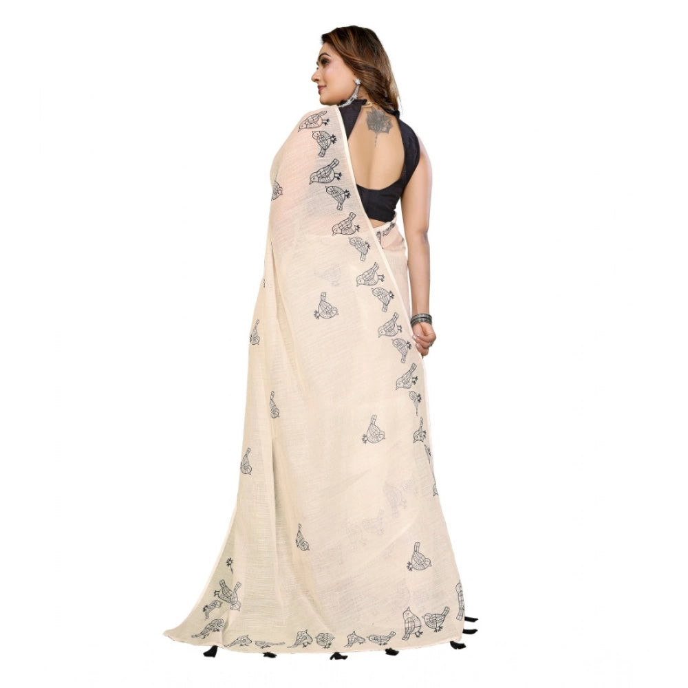 Off-white linen cotton printed saree with unstitched blouse, stylish for Indian festivals
