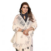 Off-white linen cotton printed saree with unstitched blouse, vibrant pattern on display