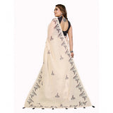 Off-white linen cotton printed saree with unstitched blouse, stylish Indian traditional wear for women