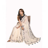 Off-white linen cotton printed saree with unstitched blouse, vibrant patterns for traditional Indian fashion