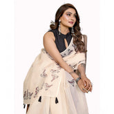 Off-white linen cotton printed saree with unstitched blouse, vibrant floral patterns for traditional Indian wear