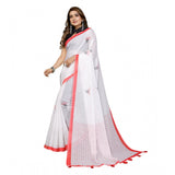 White linen-cotton printed saree with unstitched blouse, vibrant floral design on 5.5mtr length