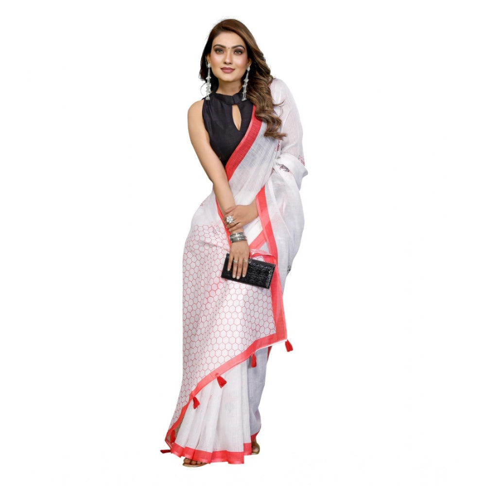 White linen cotton printed saree with unstitched blouse, vibrant floral pattern