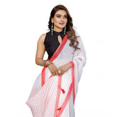 White linen-cotton printed saree with unstitched blouse, 5.5mtr length