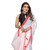 White linen-cotton printed saree with unstitched blouse, 5.5mtr length