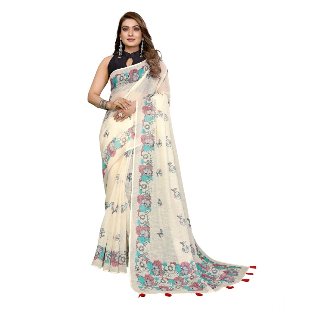Off-white linen cotton printed saree with unstitched blouse, vibrant floral design for women's ethnic wear