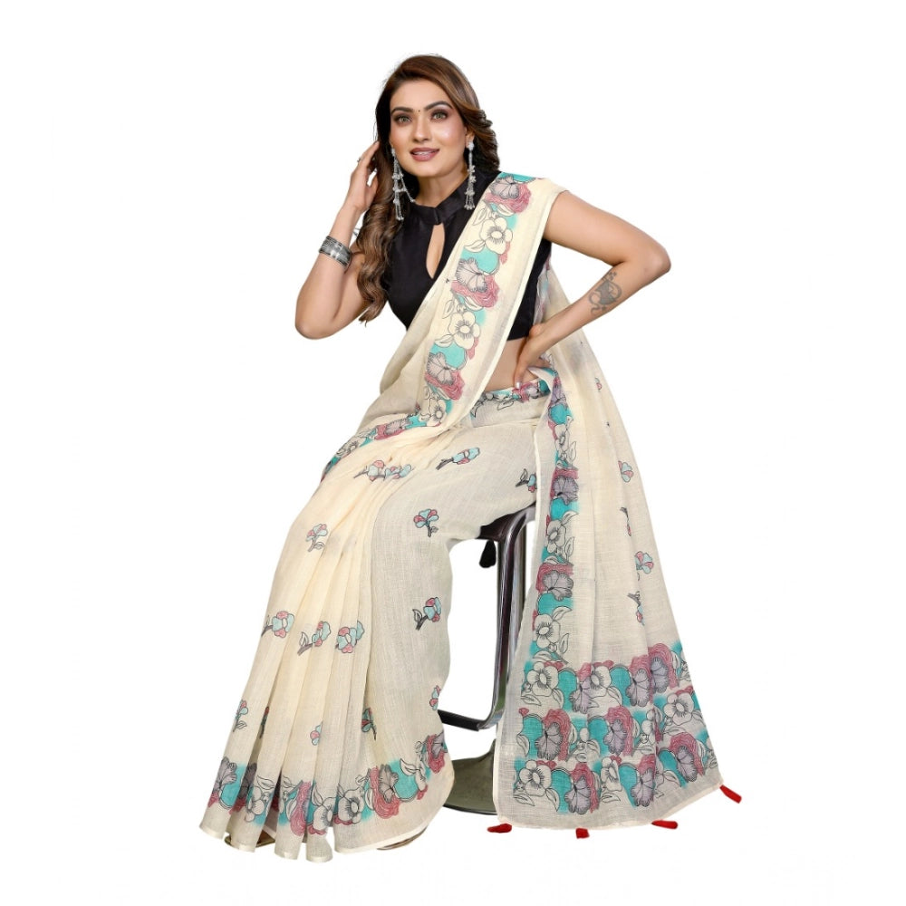Off-white linen cotton printed saree with unstitched blouse, vibrant floral design for Indian women's traditional wear