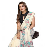 Off-white linen cotton printed saree with unstitched blouse, vibrant floral design for women's traditional Indian wear