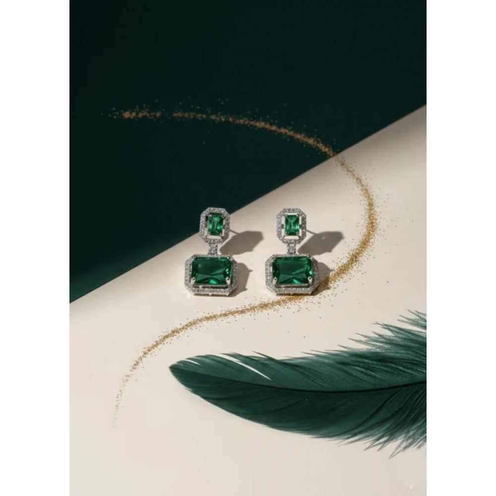 Green brass silver plated drop earrings for women, avoid contact with water and chemicals