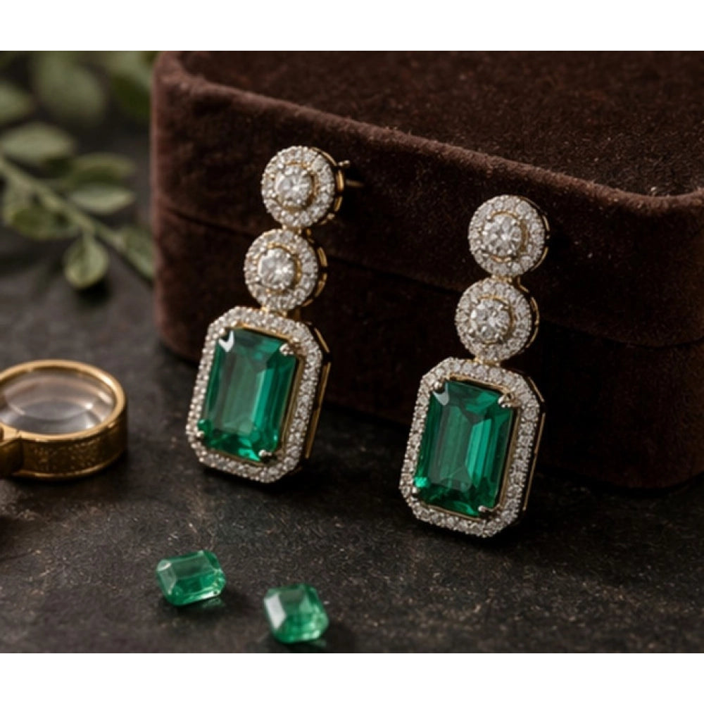 Green brass silver-plated drop earrings for women, keep dry for long-lasting shine