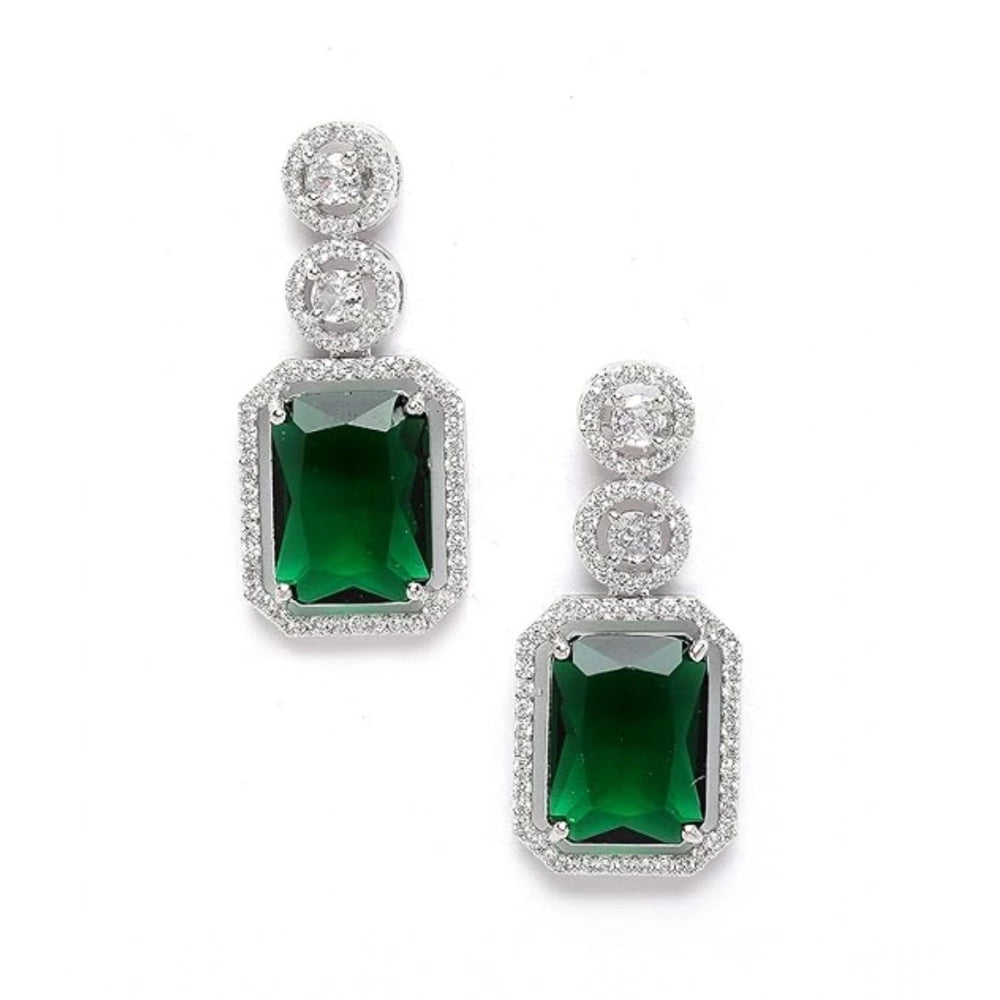 Green brass silver plated drop earrings for women, keep dry after use