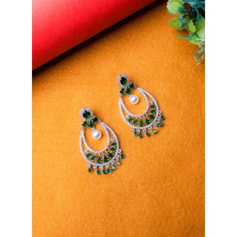 Green brass silver plated Chandbali earrings, delicate Indian jewelry accessory