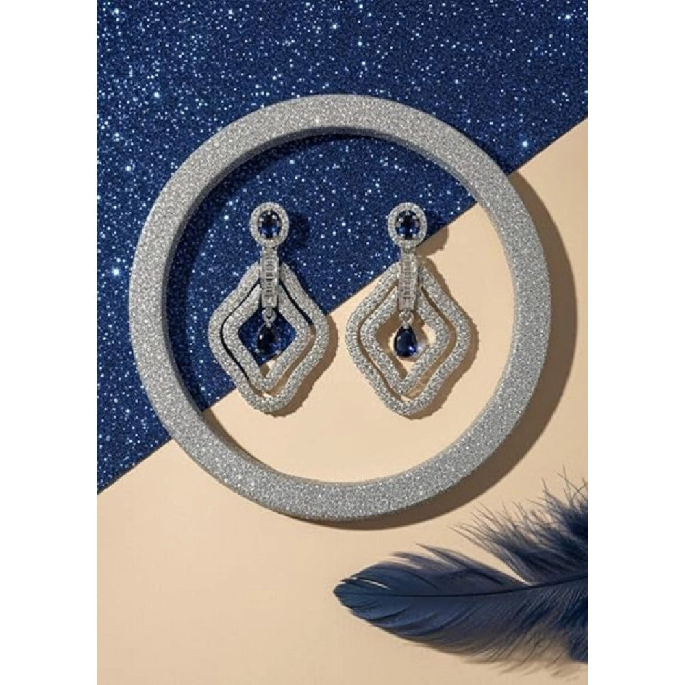 Blue brass silver plated earrings on model, women's jewelry accessory for formal events