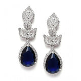 Blue brass silver plated drop earrings, stylish jewelry accessory for women on display