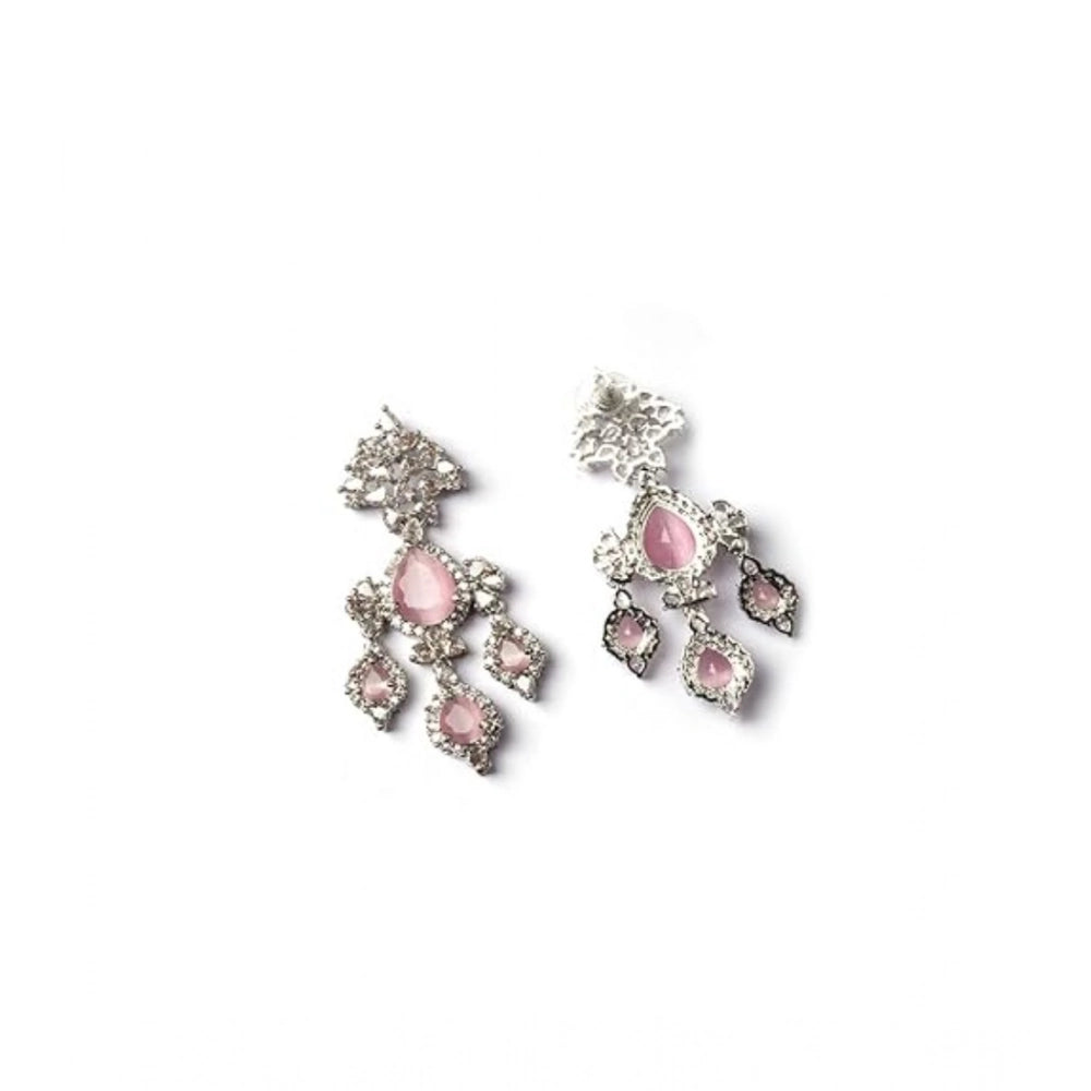 Women's pink brass silver-plated drop earrings, elegant jewelry accessory for formal events