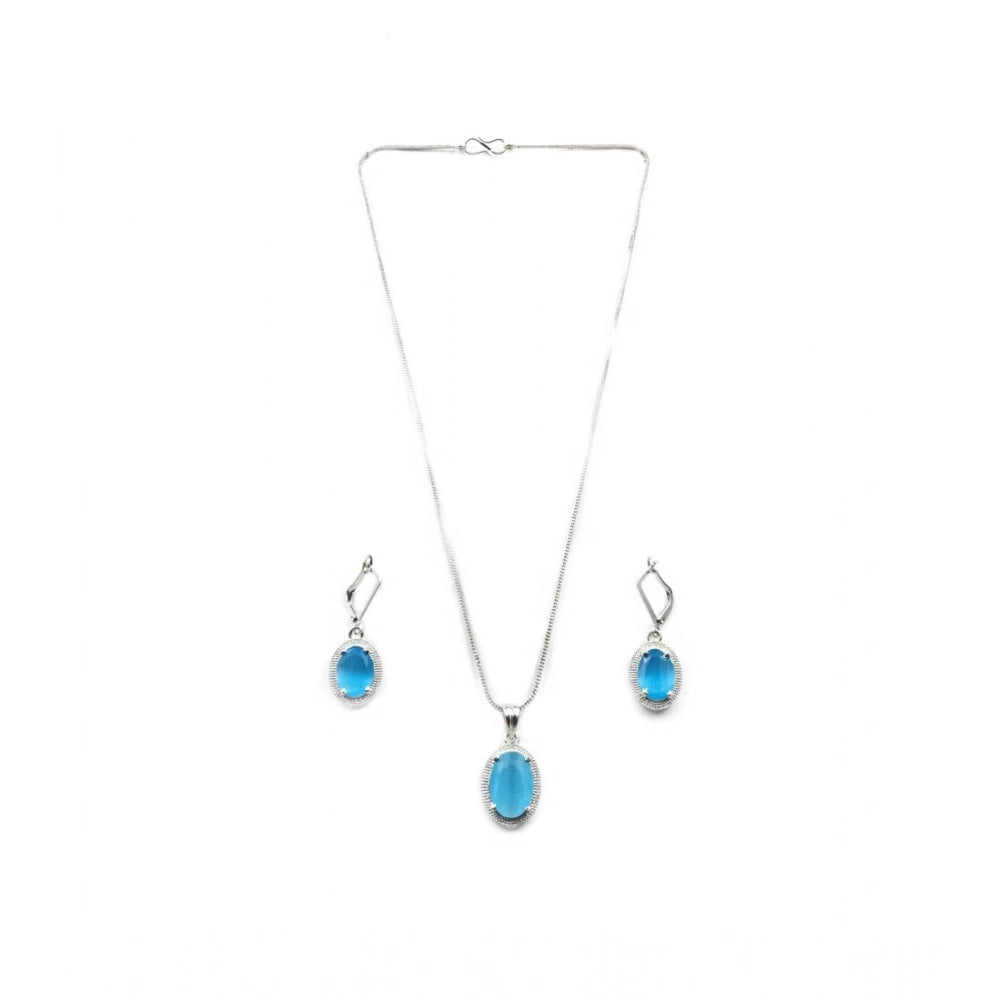 Blue brass silver-plated women's pendant set, elegant jewelry accessory on display