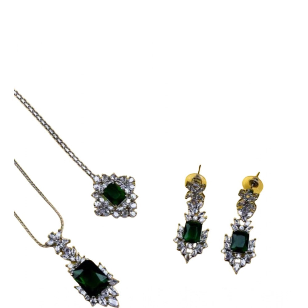 Green brass silver plated pendant set for women, elegant jewelry accessory