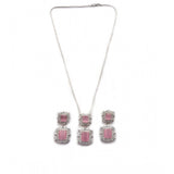 Pink brass silver plated pendant set for women, jewelry accessory on display stand