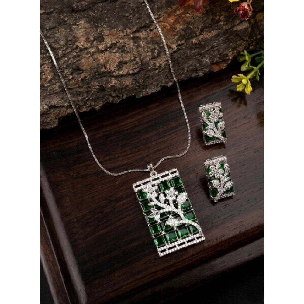 Green brass silver plated pendant set for women, sparkling jewelry accessory, keep dry and airtight storage