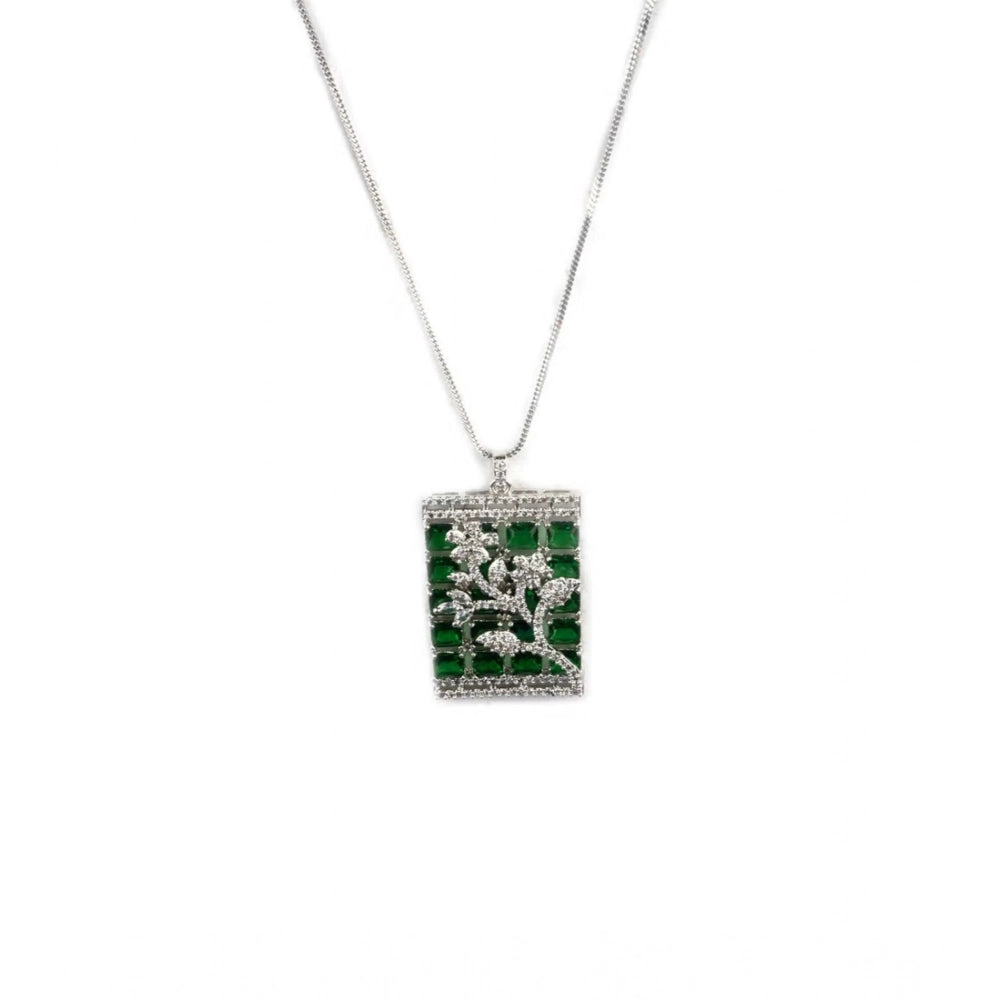 Green brass silver plated pendant set for women, elegant jewelry accessory on display stand