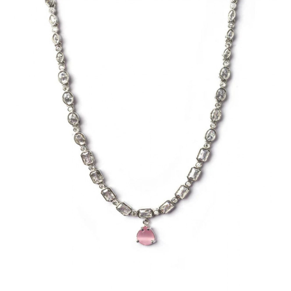Pink brass silver plated necklace set for women, elegant jewelry accessory on display stand